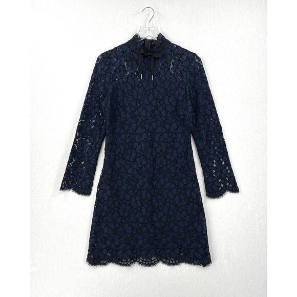 SANDRO Rina Long Sleeve Lace Dress Womens Large Navy Blue Black Sheath Mini - Picture 4 of 16